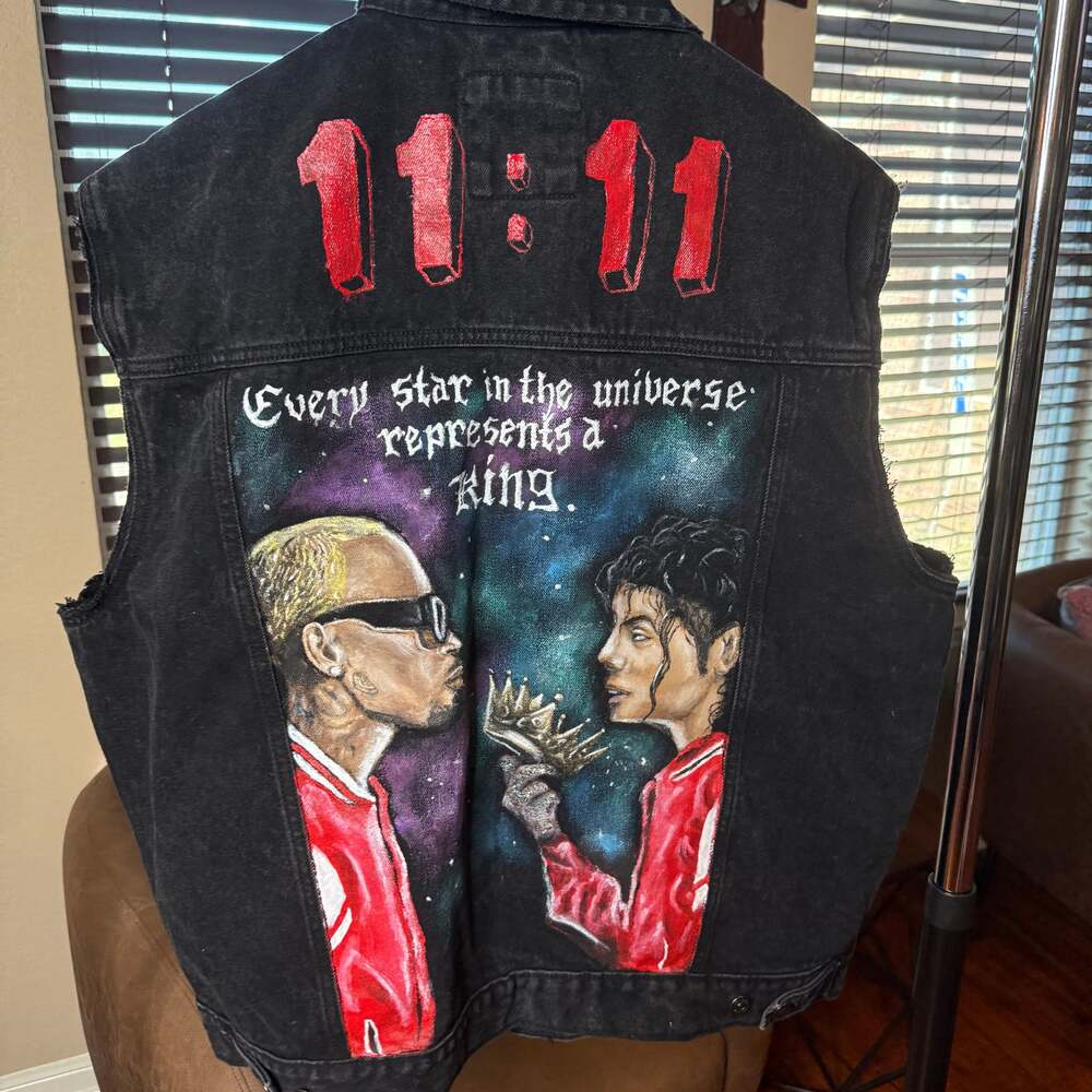 Custom Hand-Painted Michael Jackson & Chris Brown Black Denim Vest - 11:11